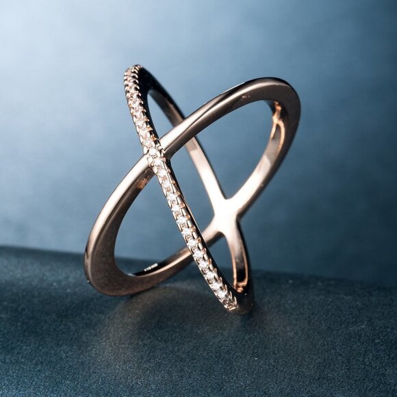 🍁 Two Lines Cross X Shape Rose Gold Ring for Women, VIP140 - Picture 1 of 3